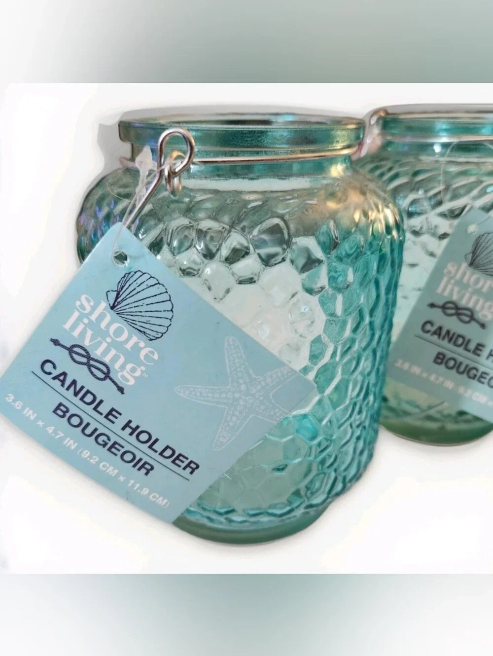 Set of 4 Aqua Textured Glass Candle Holders with Metal Hangers